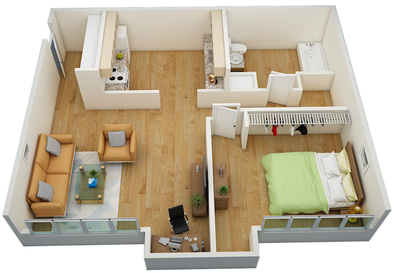 Floor plan for 1 bed, 1 bath, 675 sqft